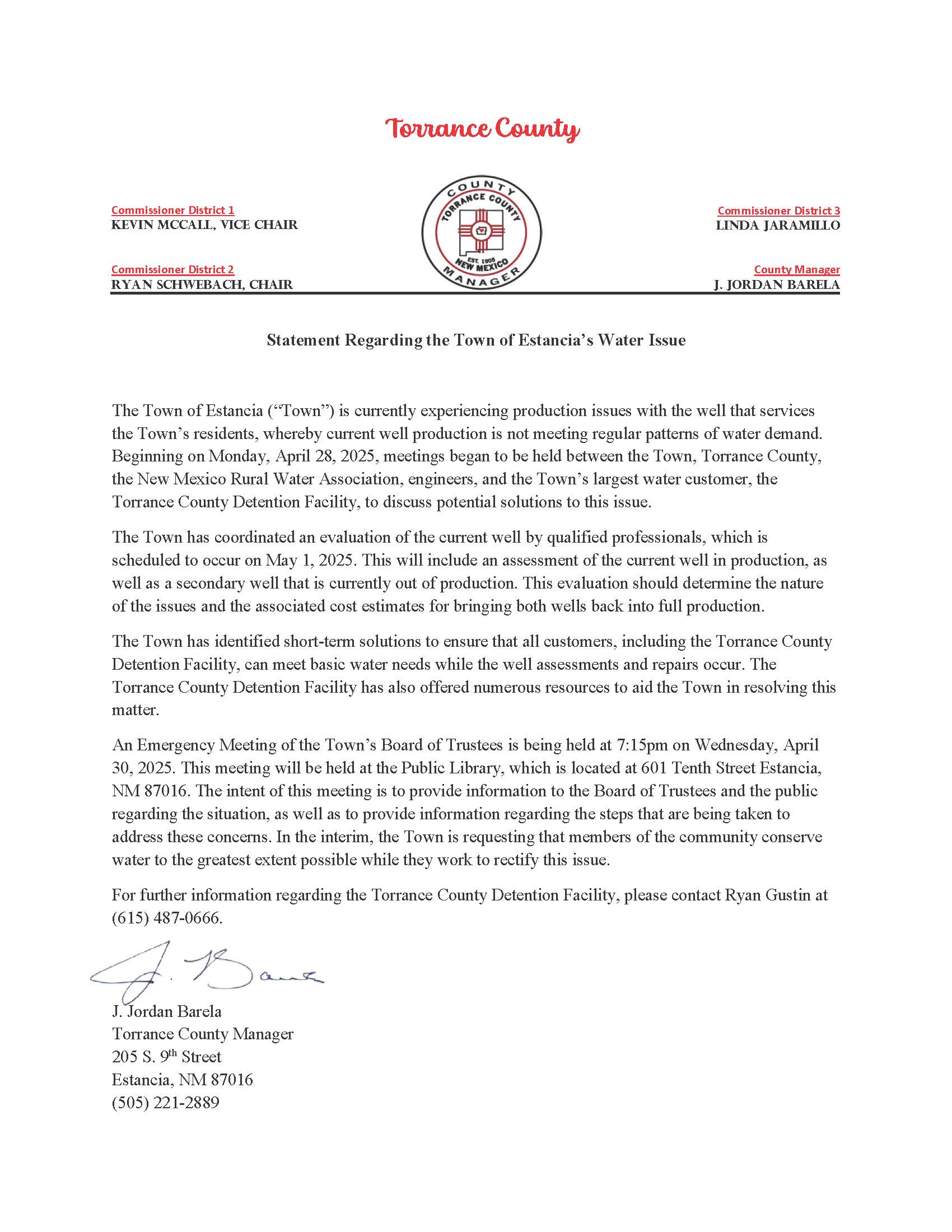 Estancia Water Public Statement